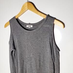 LNA Rui Rib-Knit Cold-Shoulder Top Grey Stretchy top Long sleeve